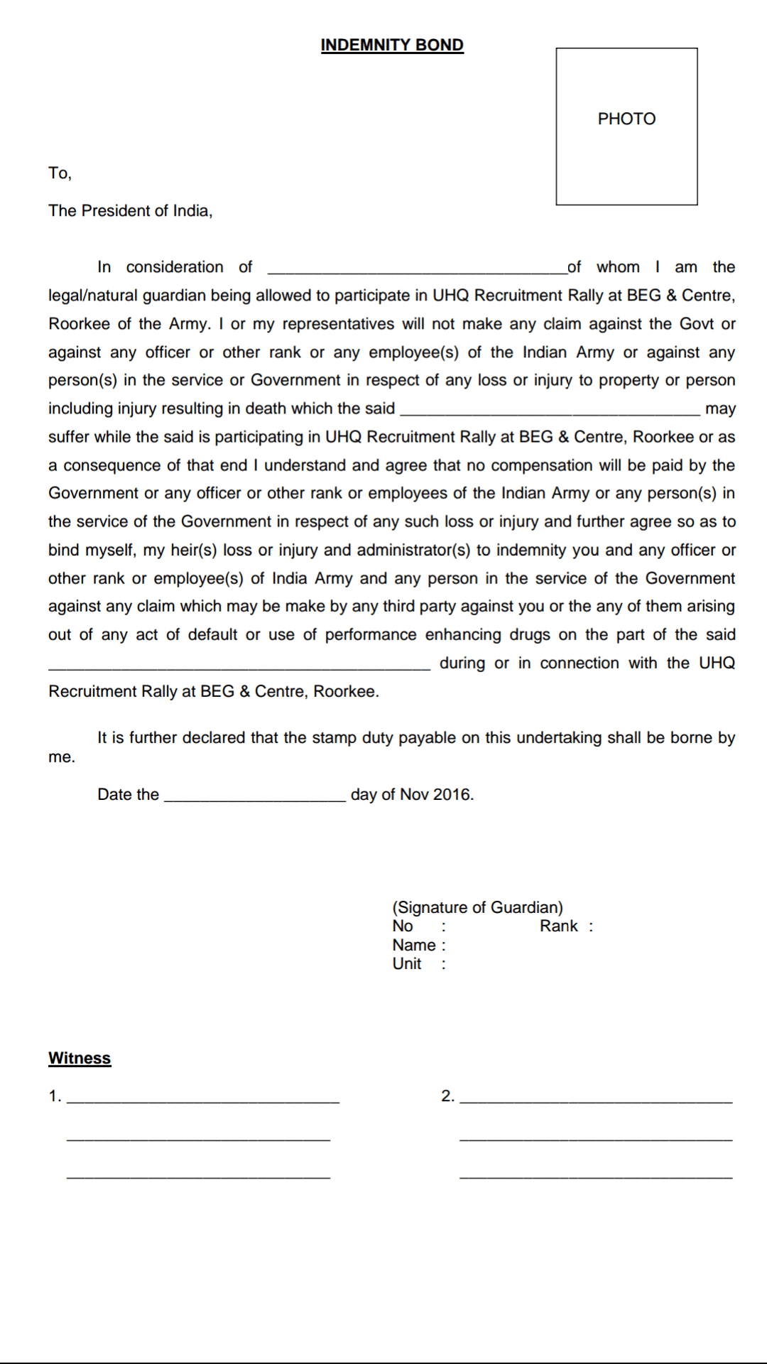 Format for Indemnity Bond for Army Open and Relation Bharti 