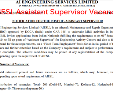 AIESL Assistant Supervisor Vacancy 2024